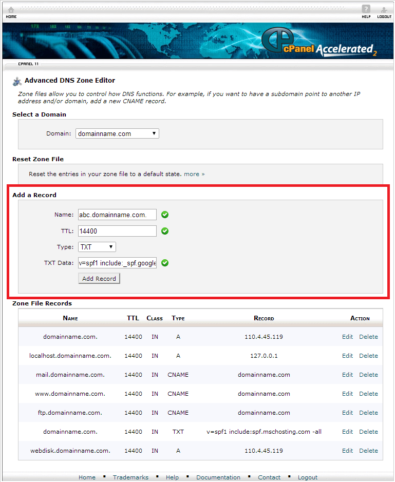 cpanel add a record