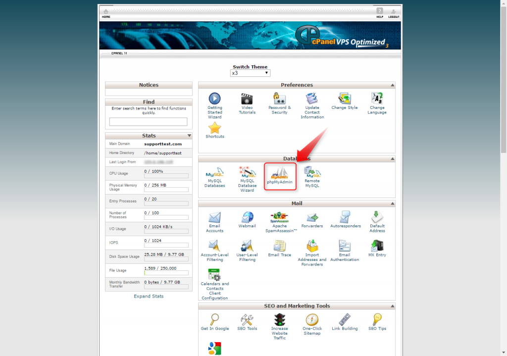 phpmyadmin link in cPanel Databases section