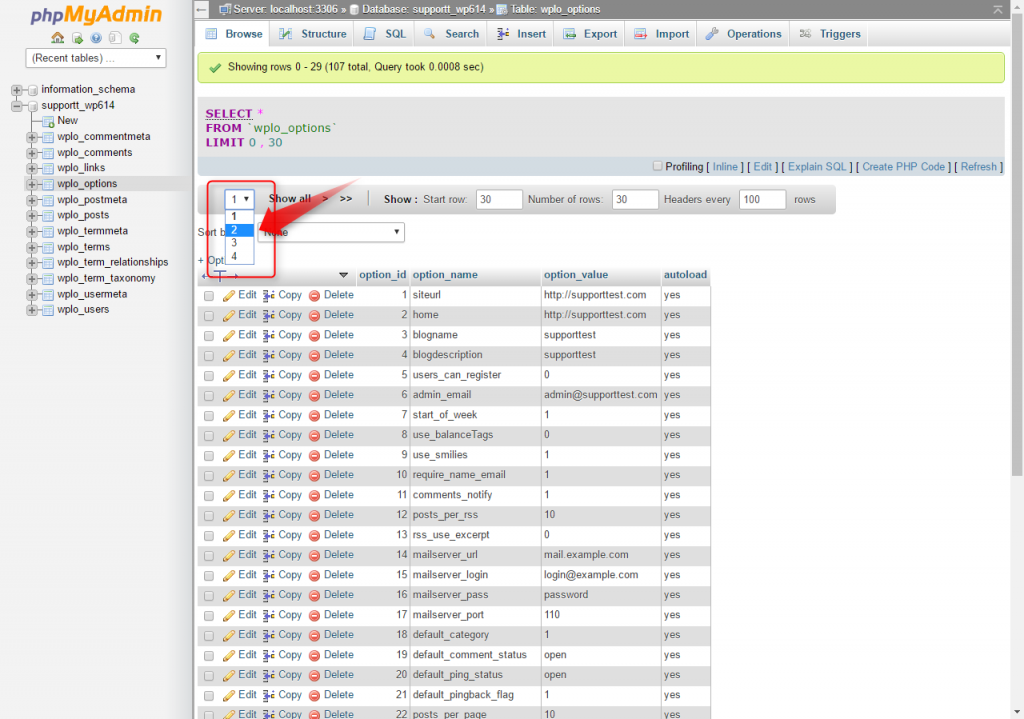 Page selection in tables header