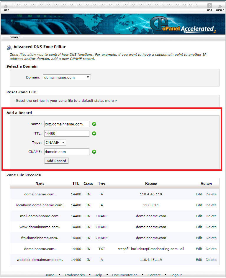 Advanced DNS Zone Editor-Add CNAME record