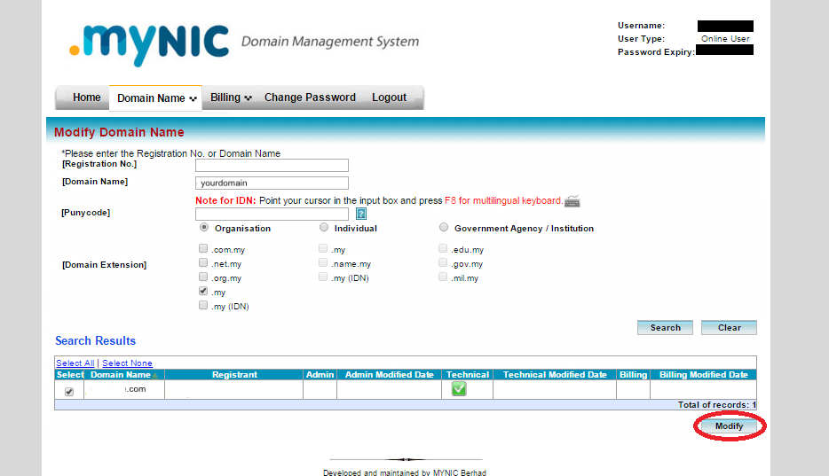 modify domain mynic