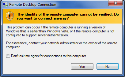 remote desktop connection confirmation message