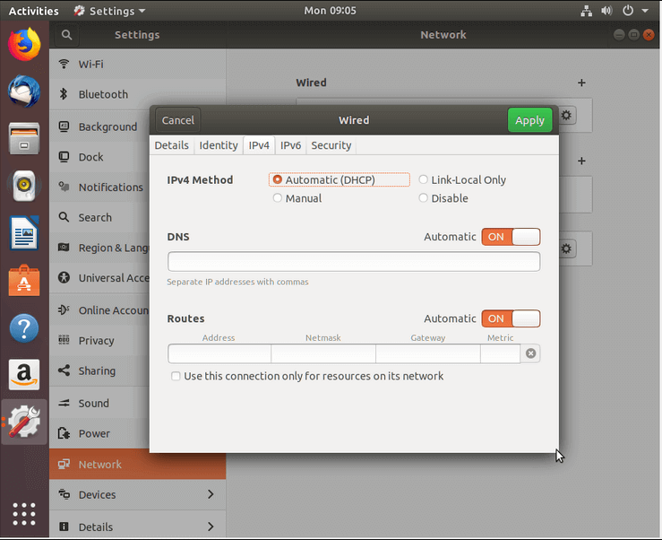 ubuntu Network interface settings dialog box