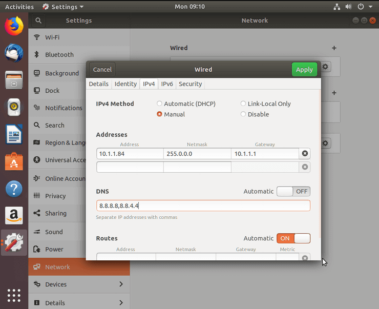 ubuntu Network interface settings dialog box