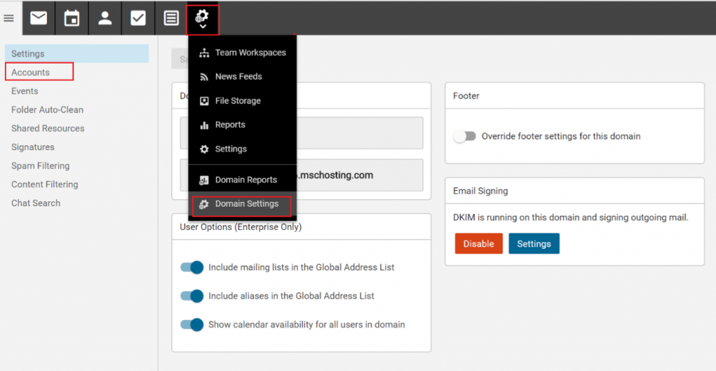 domain settings in smartermail