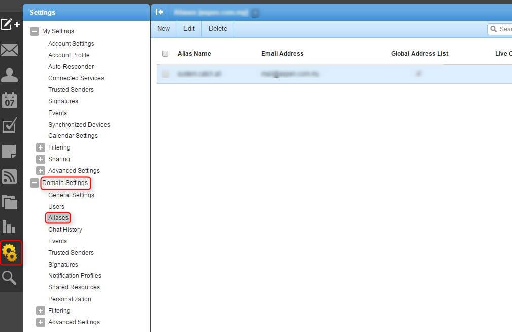 smartmail v15 domain settings aliases