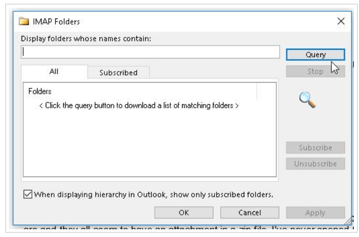 subscribe to specific IMAP folder in Outlook 2016