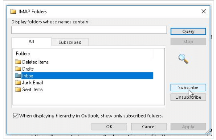 subscribe to specific IMAP folder in Outlook 2016