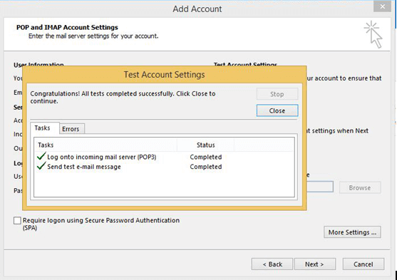 test account settings outlook 2016