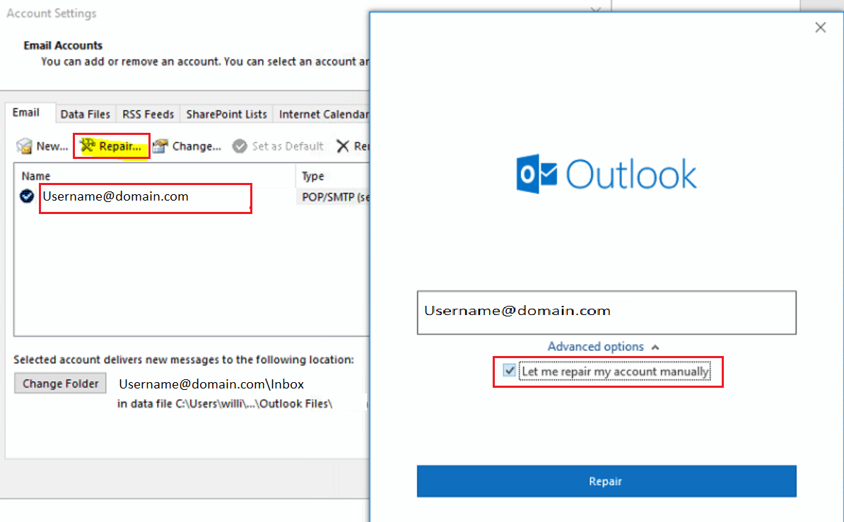 account settings in outlook 2016